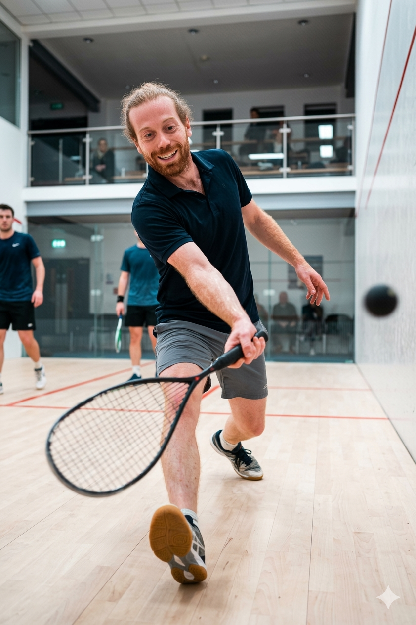 Alexis dans une affiche de campagne au thème squash.